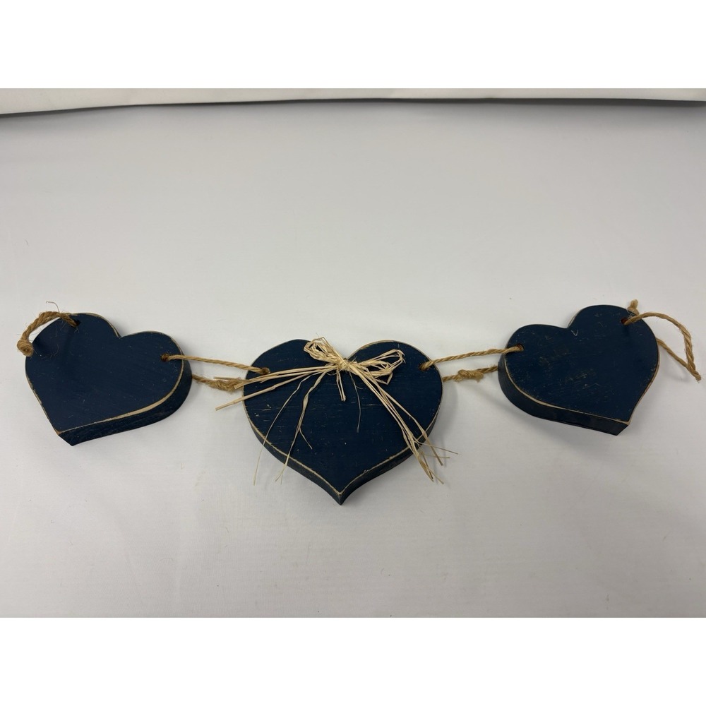 Vintage Wooden Blue Heart Garland Wall Hanging Country Cottage Moms 90's Kitchen